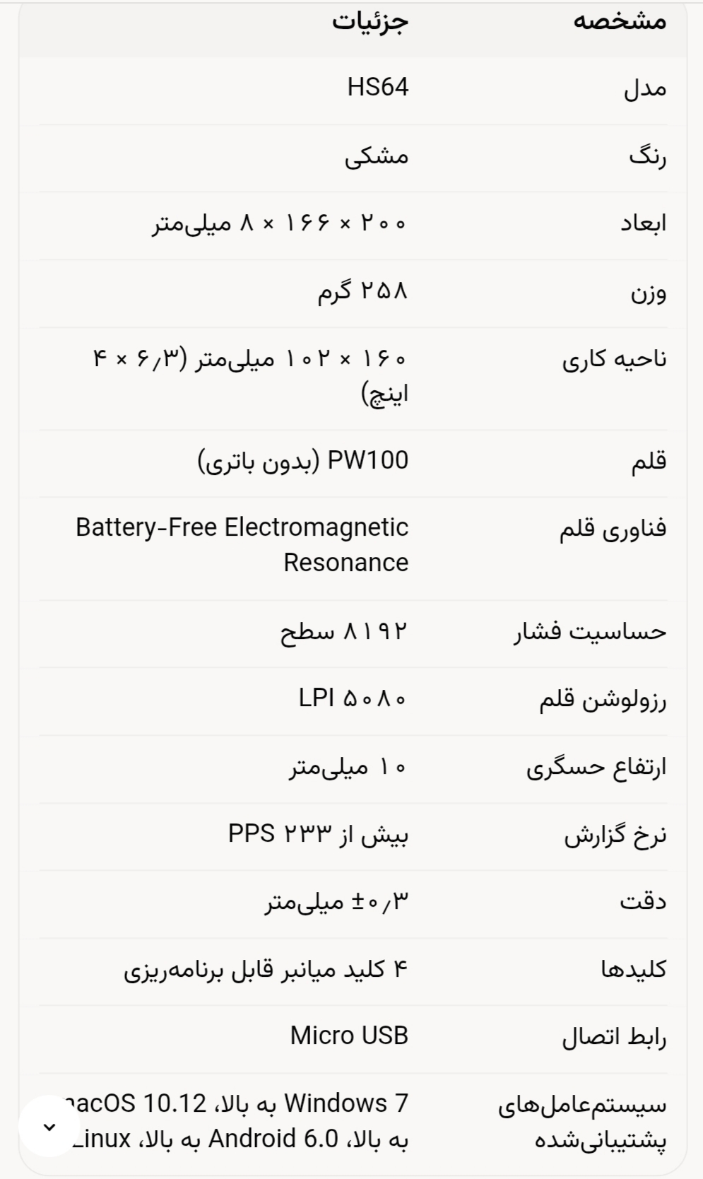 مشخصات قلم قلم نوری هوئیون hs64