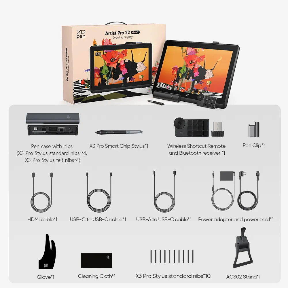 جعبه و محتویات تبلت گرافیکی ایکس پی پن مدل  Artist Pro 22 (Gen 2)