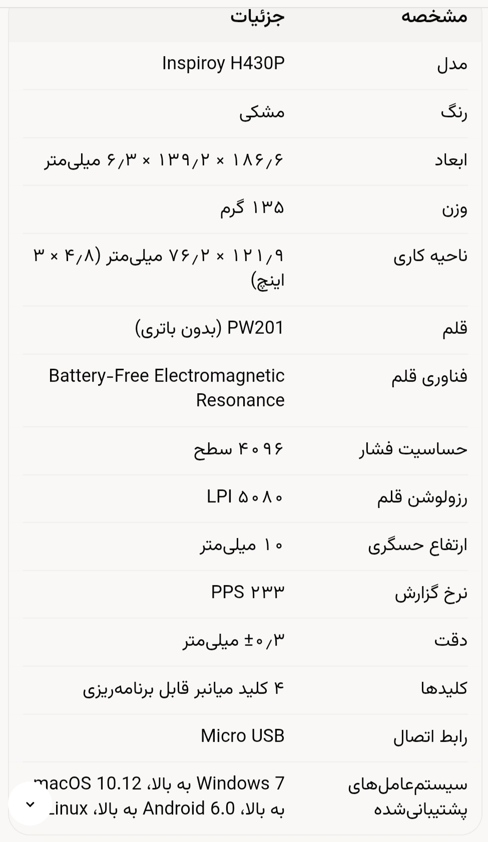 مشخصات فنی قلم نوری هوئیون h430p