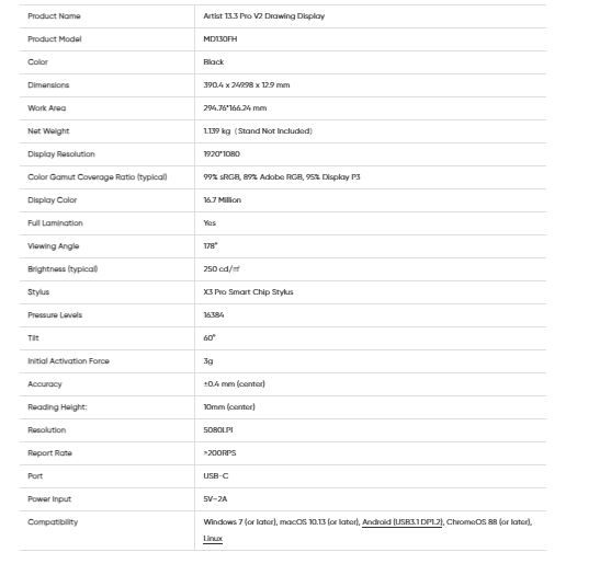 مشخصات artist 13.3 pro v2